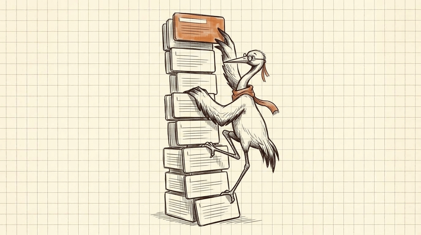 Crane climbs a tower of folders toward the orange one