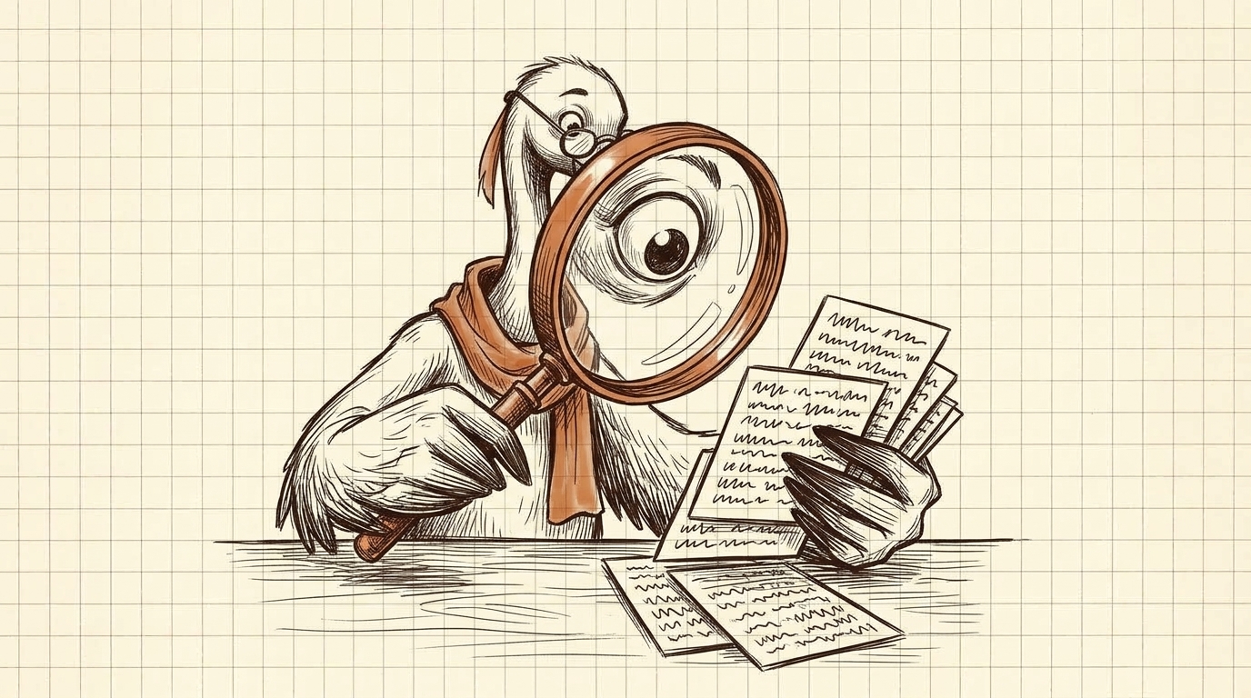 Crane examines documents through an oversized magnifying glass