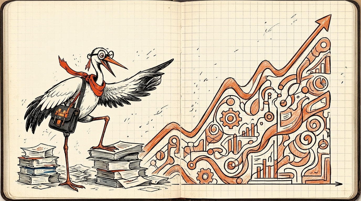 Crane stands on stacked books pointing at a colorful growth chart