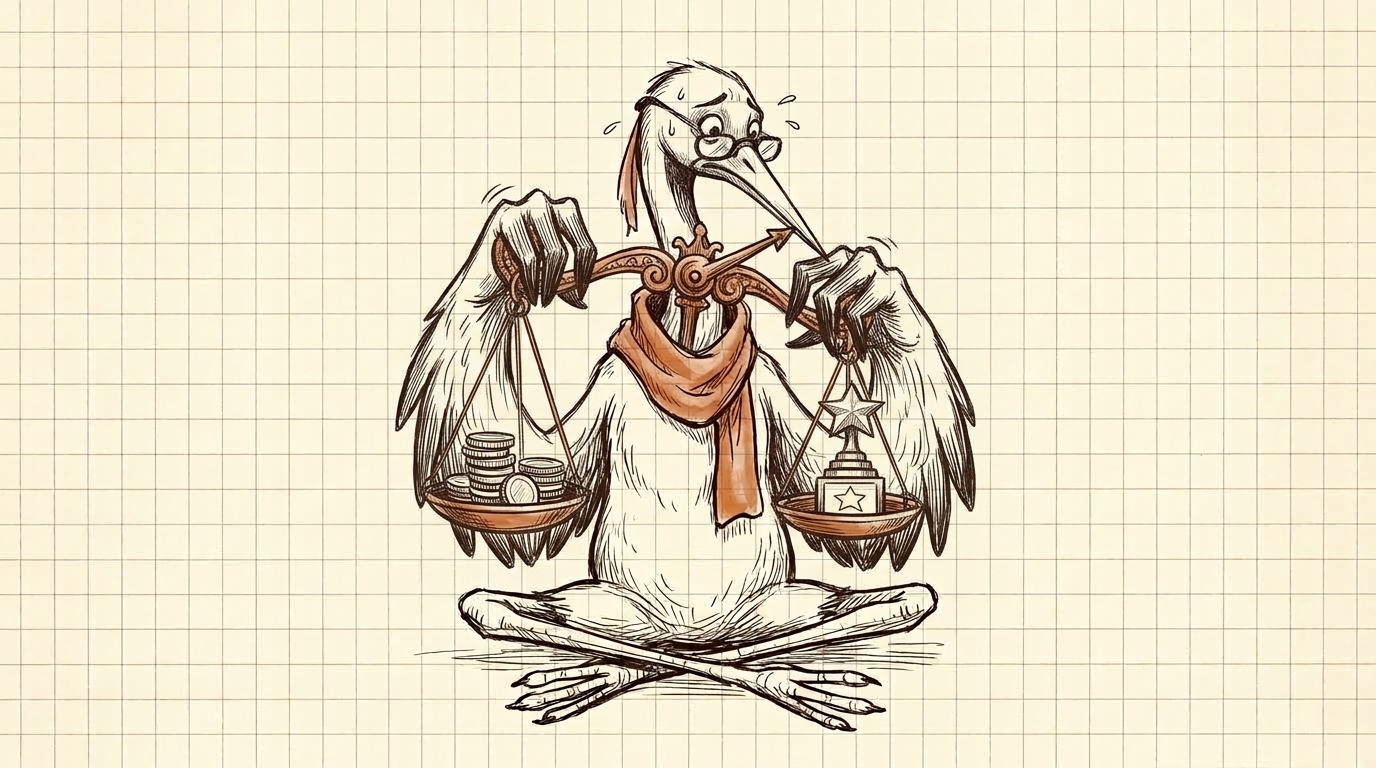 A sweating crane holds scales balancing coins against a star trophy