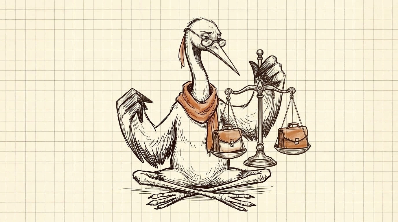 Crane sits holding a balance with two matching briefcases