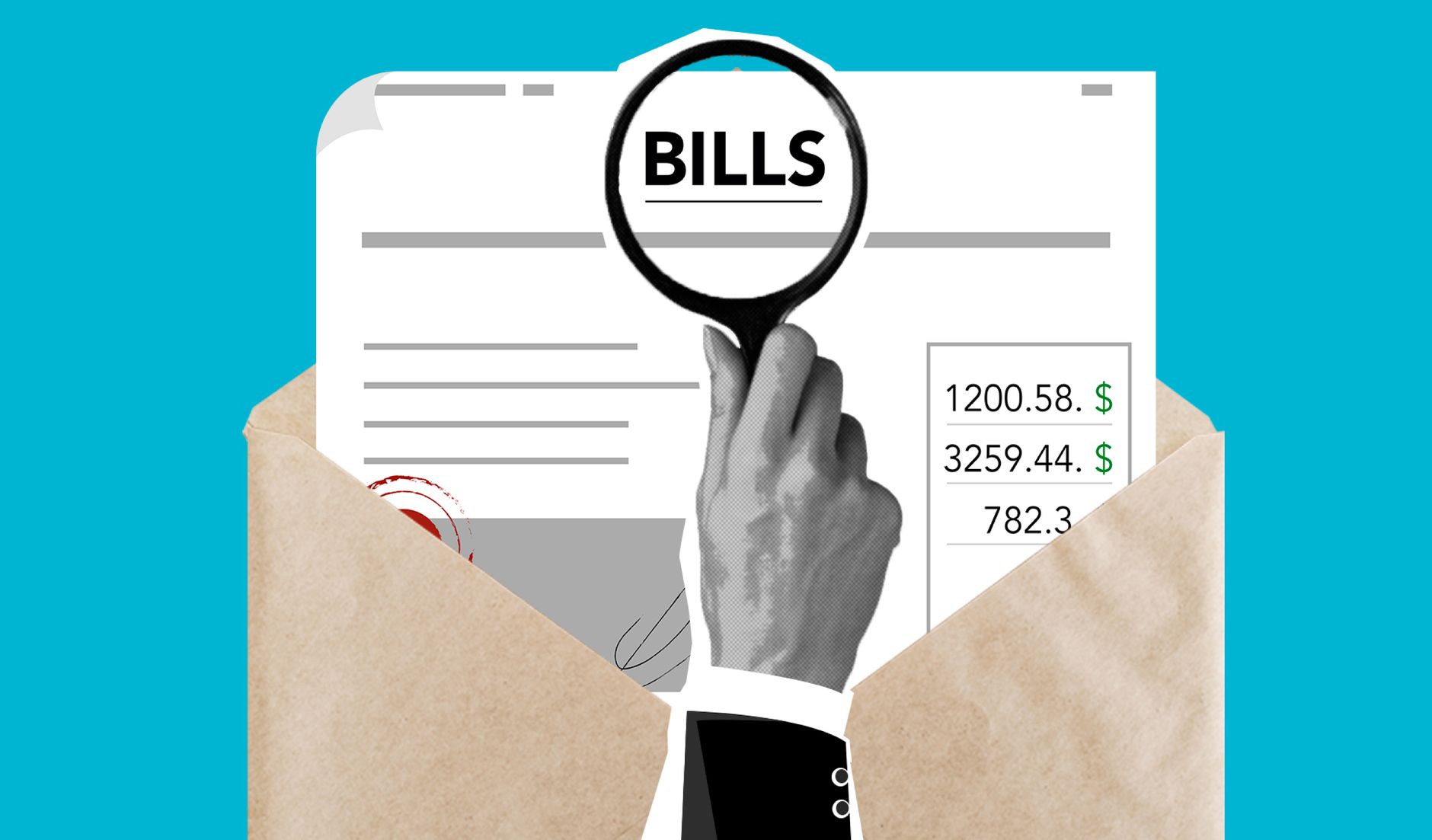 Paper cutout hand holds a magnifier over bills in an envelope