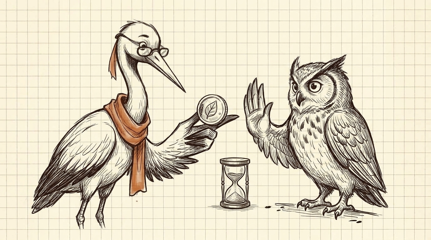 Crane offers a coin while an owl refuses firmly