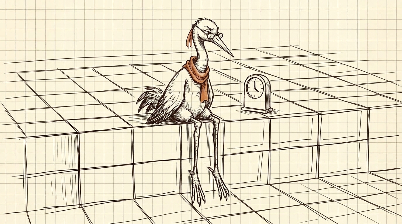 Crane sits thoughtfully on blocks near a small clock