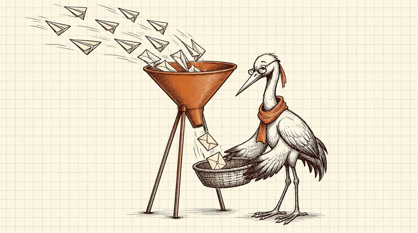 Crane catches envelopes dropping out of a big funnel