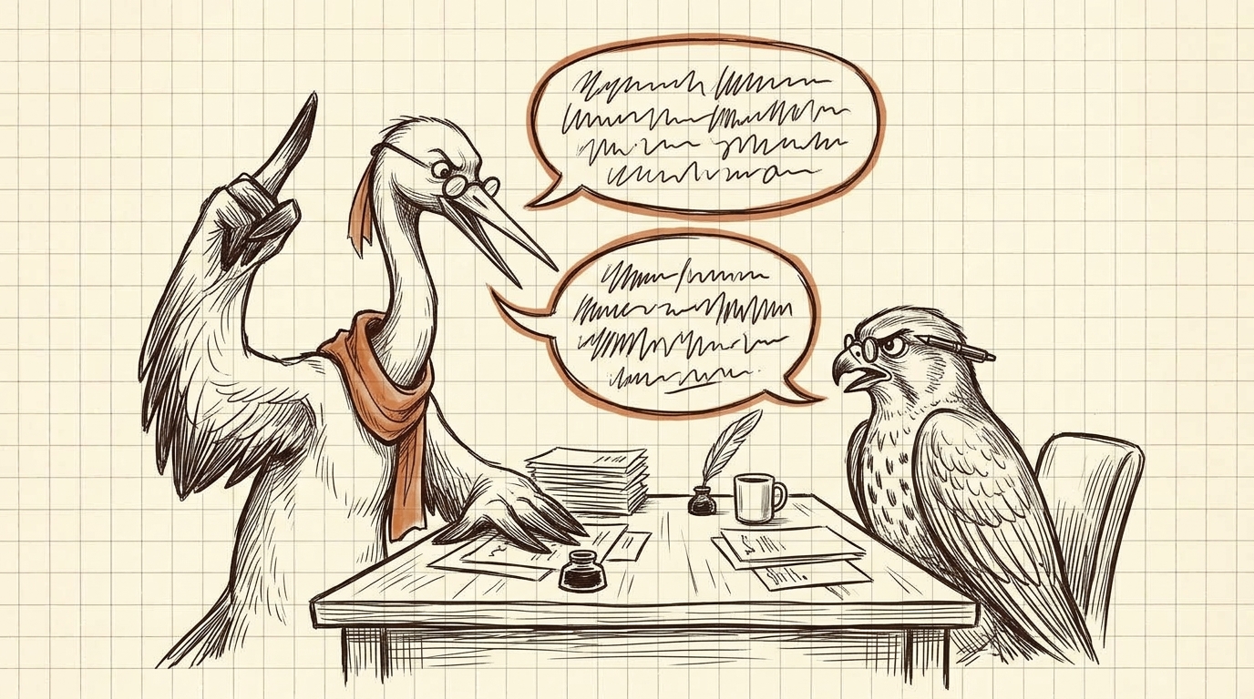 A crane sternly points a finger at a wary hawk