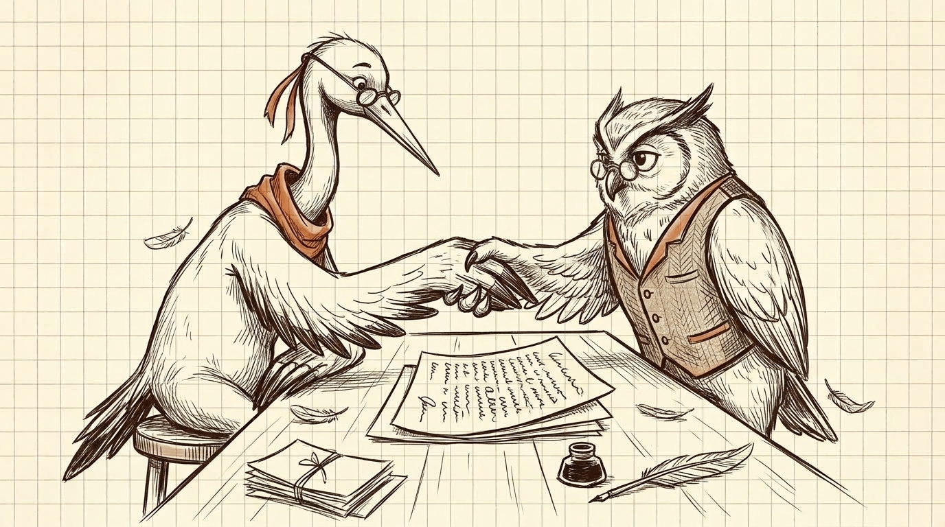 Crane and owl seal a deal amid scattered letters