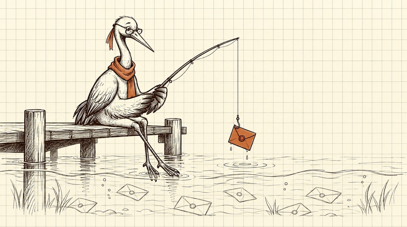 Crane with a fishing rod pulls an envelope out of the water