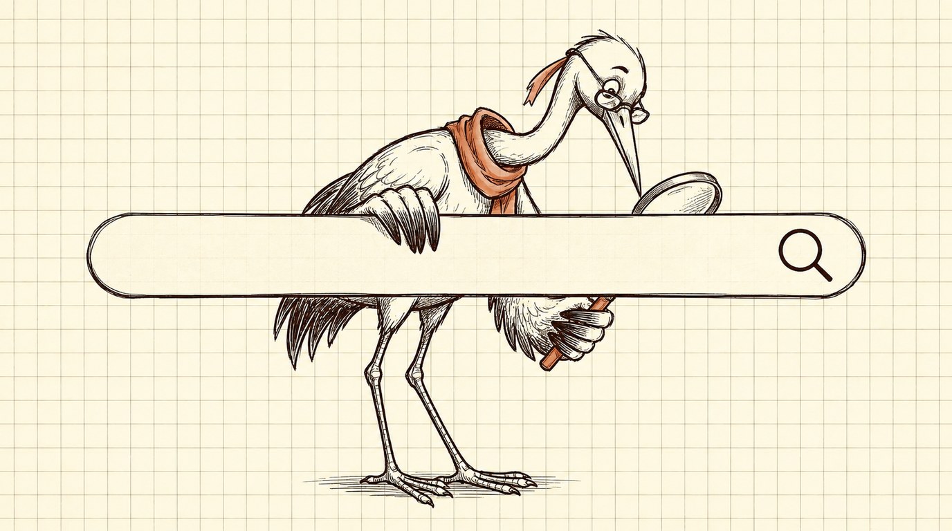 Crane with a hand lens looks under an empty search bar