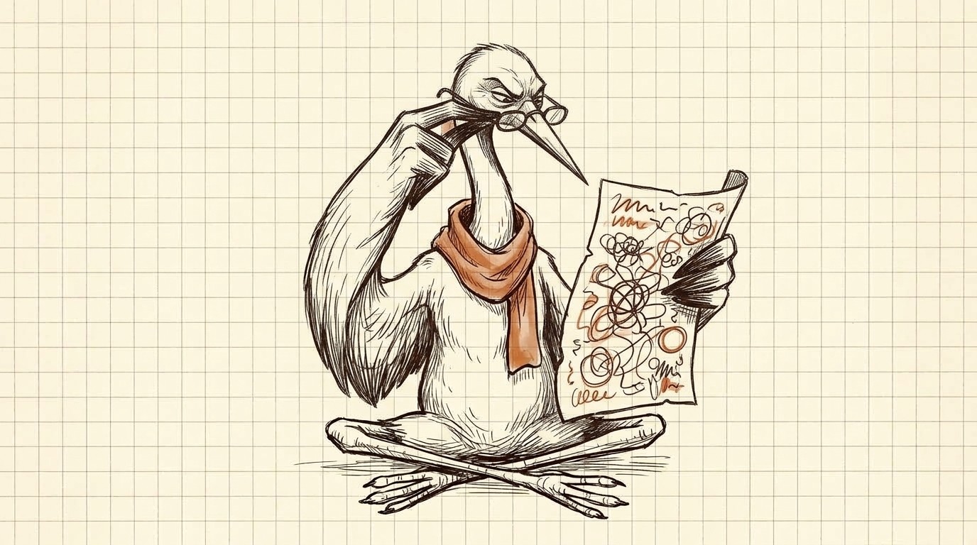 Crane adjusts its glasses while critically inspecting a scrawled page
