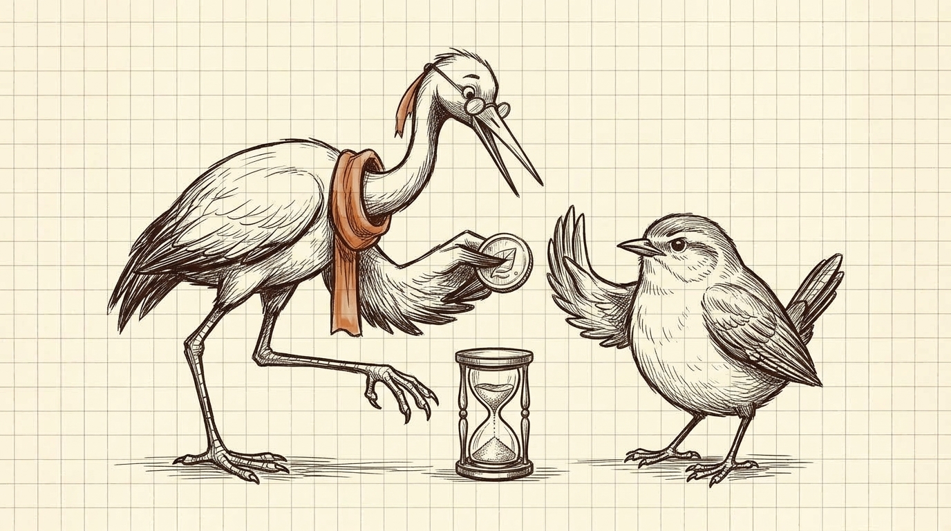 A crane holds out a coin while a sparrow politely declines it