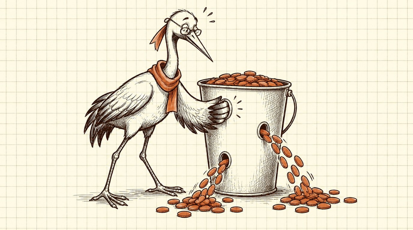 Crane plugs a hole in a bucket leaking coins